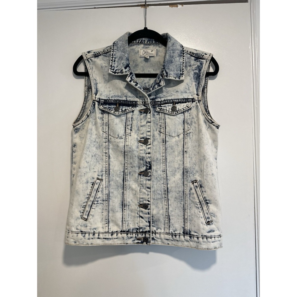 Chi Qle Y2K Acid Wash Denim Vest Sz:M Blue Sleeveless Collared Cotton